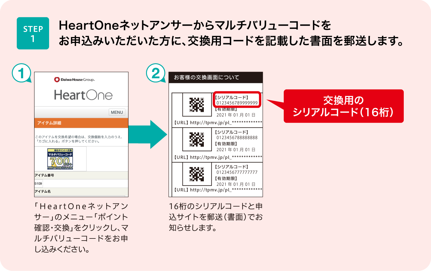 HeartOneネットアンサーからマルチバリューコードを お申込みいただいた方に、交換用コードを記載した書面を郵送します。