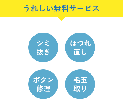 うれしい無料サービス シミ抜き ほつれ直し ボタン修理 毛玉取り