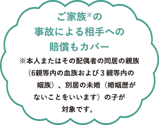 ご家族※の事故による相手への賠償もカバー ※本人またはその配偶者の同居の親族（6親等内の血族および３親等内の姻族）、別居の未婚（婚姻歴がないことをいいます）の子が対象です。