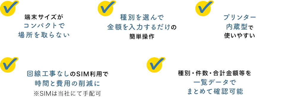 端末サイズが コンパクトで 場所を取らない  種別を選んで 金額を入力するだけの簡単操作 プリンター 内蔵型で使いやすい 回線工事なしのSIM利用で時間と費用の削減に ※SIMは当社にて手配可 種別・件数・合計金額等を 一覧データでまとめて確認可能